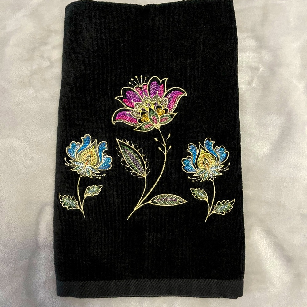 Handcrafted embroidered floral design in Jacobean pair of hand towels
